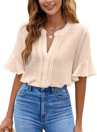 Womens White Blouses Chiffon Ruffle Short Sleeve V Neck Business Casual Tops Summer Cute Shirt