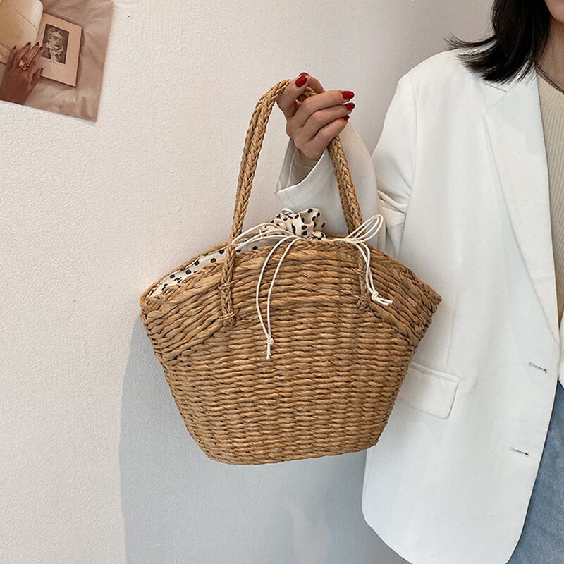 Casual Rattan Large Capacity Tote Wicker Woven Women Handbags Handmade Summer Beach Straw Shell Bag Lady Shopping Travel Bag