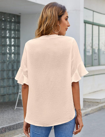 Womens White Blouses Chiffon Ruffle Short Sleeve V Neck Business Casual Tops Summer Cute Shirt